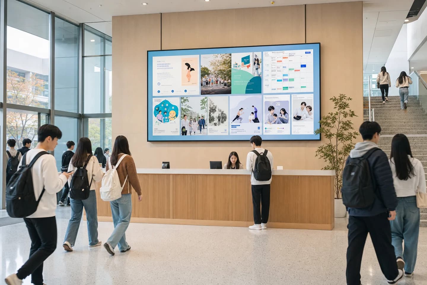 한국 대학교 학생회관 로비에 설치된 디지털 게시판 사이니지 화면