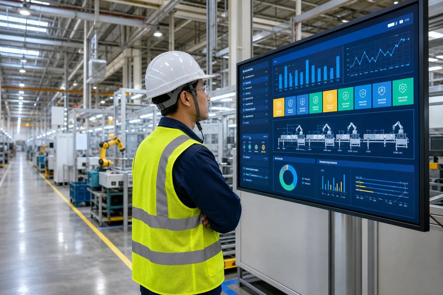 한국 스마트 공장 생산라인에 설치된 제조 현장 정보 디스플레이 사이니지 화면
